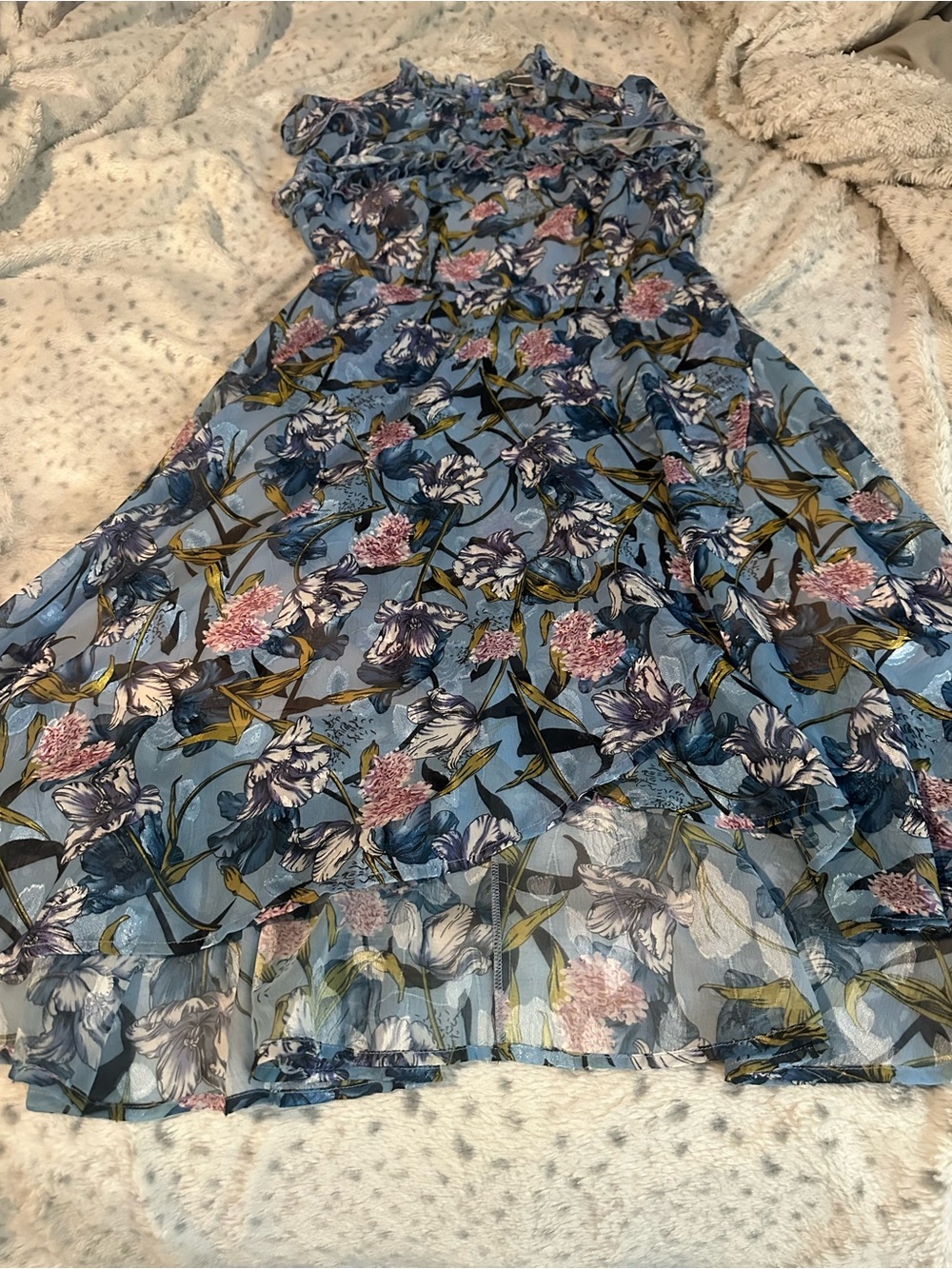 Chelsea28 Blue Floral Maxi Dress with Ruffle Neckline